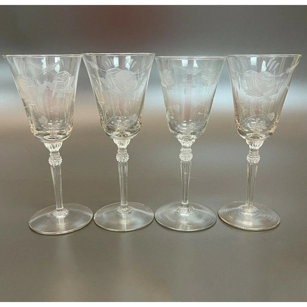Vintage Etched Glass Glasses Floral Roses Stemmed 6 1/2